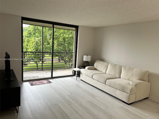 1000 Colony Point Cir Unit 302, Pembroke Pines, FL 33026 - living area featuring a textured ceiling, light wood-type flooring, and floor to ceiling windows