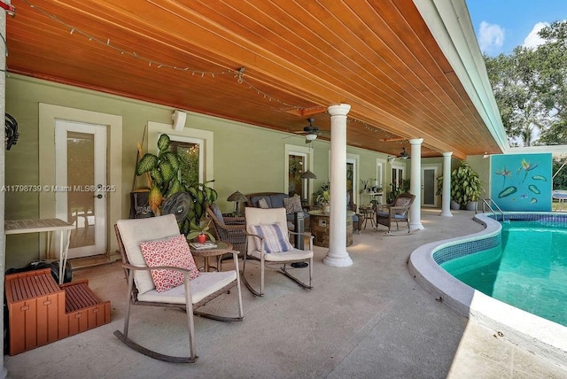 6551 SW 126th St, Pinecrest, FL 33156 - outdoor pool with ceiling fan and a patio