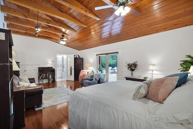 6551 SW 126th St, Pinecrest, FL 33156 - bedroom featuring wood ceiling, ceiling fan, dark wood finished floors, access to exterior, and ensuite bath