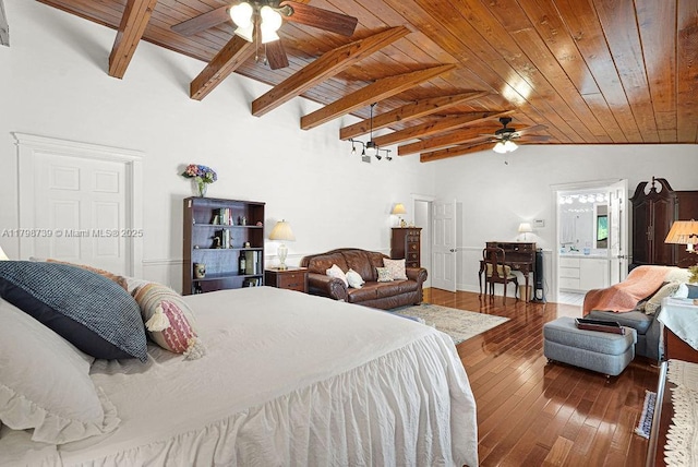 6551 SW 126th St, Pinecrest, FL 33156 - bedroom featuring wood ceiling, dark wood-style floors, ceiling fan, ensuite bath, and baseboards
