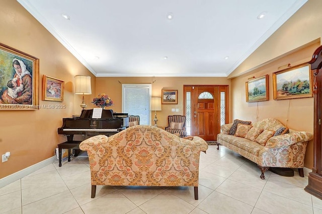 6551 SW 126th St, Pinecrest, FL 33156 - living room with light tile patterned floors, crown molding, baseboards, and lofted ceiling