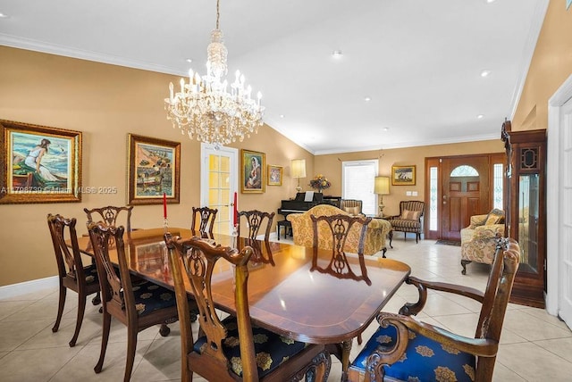 6551 SW 126th St, Pinecrest, FL 33156 - dining area with light tile patterned flooring, baseboards, crown molding, a chandelier, and lofted ceiling