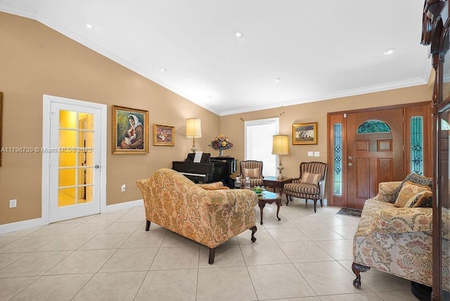 6551 SW 126th St, Pinecrest, FL 33156 - living room with lofted ceiling, ornamental molding, light tile patterned floors, baseboards, and recessed lighting