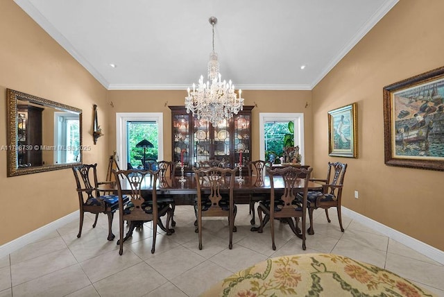 6551 SW 126th St, Pinecrest, FL 33156 - dining space with a chandelier, baseboards, light tile patterned floors, and ornamental molding