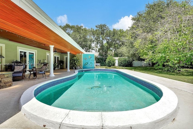 6551 SW 126th St, Pinecrest, FL 33156 - view of swimming pool featuring a patio area, fence, french doors, and a ceiling fan