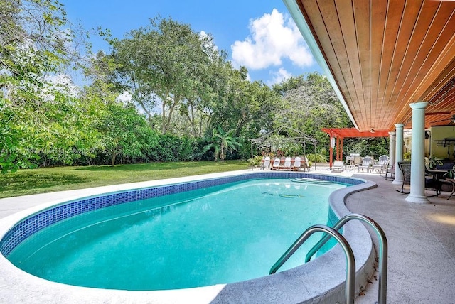 6551 SW 126th St, Pinecrest, FL 33156 - outdoor pool featuring a pergola, view of wooded area, a patio area, and a lawn