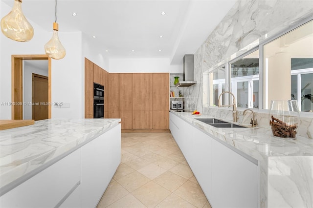 9500 SW 60th Ct, Pinecrest, FL 33156 - kitchen with wall chimney exhaust hood, modern cabinets, a sink, open shelves, and light stone countertops