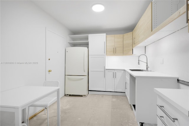 2030 S Ocean Dr Unit 1708, Hallandale Beach, FL 33009 - kitchen with freestanding refrigerator, open shelves, a sink, light countertops, and concrete floors