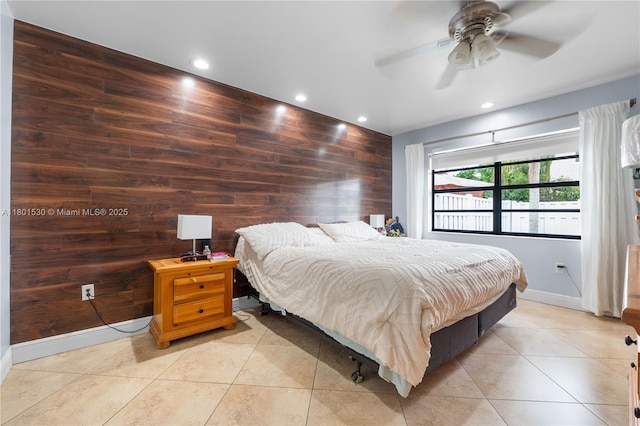 550 Auburn Way, Davie, FL 33325 - bedroom featuring wooden walls, baseboards, recessed lighting, light tile patterned flooring, and ceiling fan