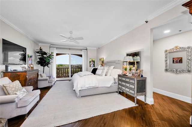 bedroom featuring access to outside, baseboards, wood finished floors, crown molding, and a ceiling fan