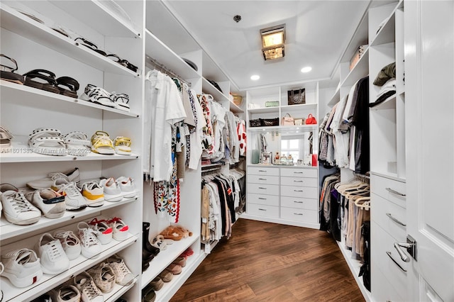 walk in closet with dark wood-style flooring