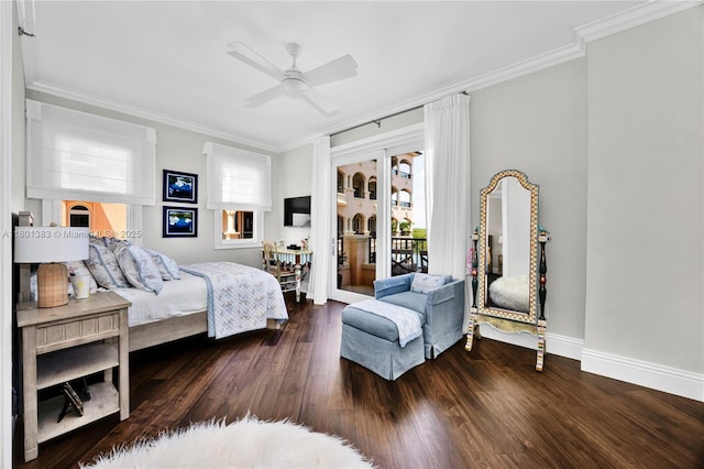 bedroom with access to outside, ornamental molding, baseboards, wood finished floors, and a ceiling fan