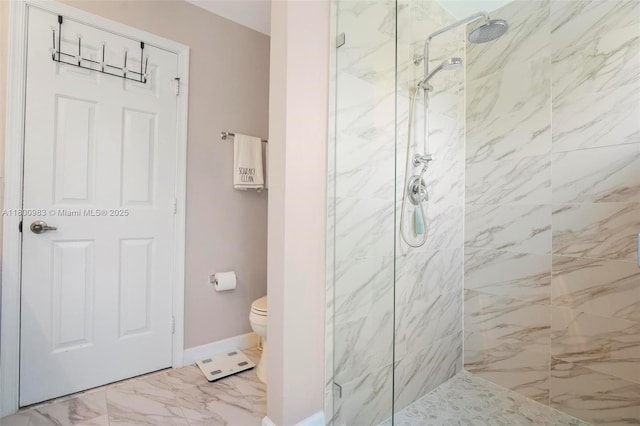 735 SW 158th Ter, Sunrise, FL 33326 - bathroom with a marble finish shower, marble look tile flooring, toilet, and baseboards