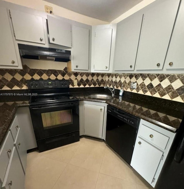 3664 Alder Dr Unit B1, West Palm Beach, FL 33417 - kitchen featuring under cabinet range hood, black appliances, a sink, backsplash, and light tile patterned floors