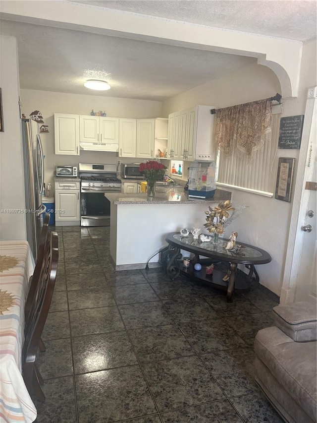2530 Washington St, Hollywood, FL 33020 - kitchen featuring stainless steel appliances, under cabinet range hood, a peninsula, open shelves, and white cabinetry