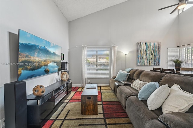 2323 NW 37th Ave, Coconut Creek, FL 33066 - living area featuring high vaulted ceiling and ceiling fan