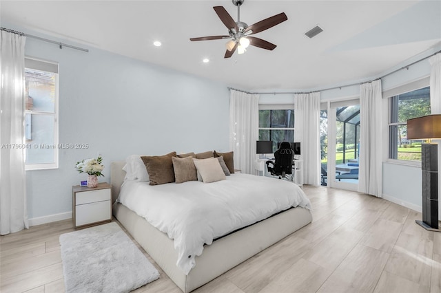 2623 Oakbrook Dr, Weston, FL 33332 - bedroom with access to outside, light wood-style flooring, a desk, recessed lighting, and a ceiling fan