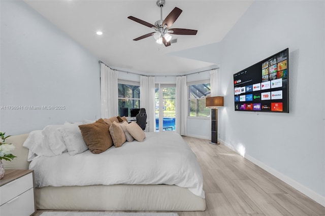 2623 Oakbrook Dr, Weston, FL 33332 - bedroom with access to exterior, light wood finished floors, baseboards, recessed lighting, and a ceiling fan