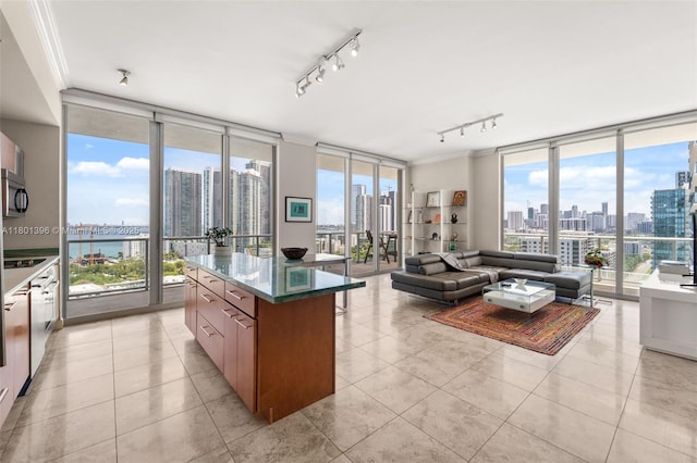 3470 E Coast Ave Unit H1909, Miami, FL 33137 - kitchen with a view of skyline, floor to ceiling windows, stainless steel microwave, rail lighting, and a center island