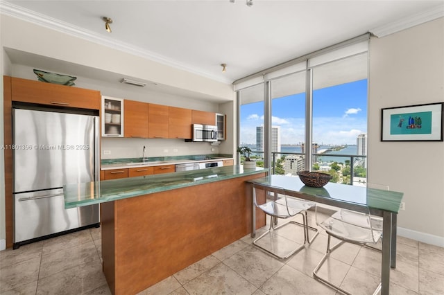 3470 E Coast Ave Unit H1909, Miami, FL 33137 - kitchen featuring appliances with stainless steel finishes, ornamental molding, a water view, brown cabinets, and a sink