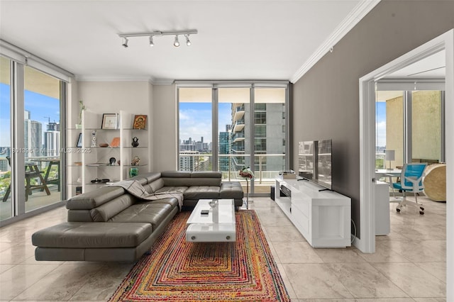 3470 E Coast Ave Unit H1909, Miami, FL 33137 - living room featuring a view of city, expansive windows, healthy amount of natural light, light tile patterned flooring, and crown molding