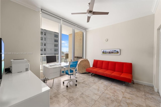 3470 E Coast Ave Unit H1909, Miami, FL 33137 - office space with ornamental molding, ceiling fan, floor to ceiling windows, and baseboards