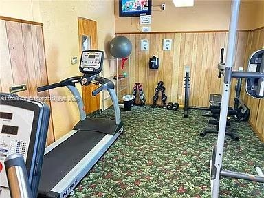 workout room with carpet floors and wood walls