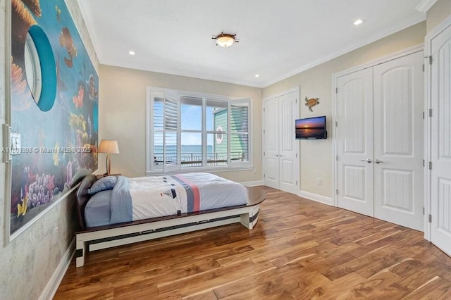 bedroom with multiple closets, wood finished floors, ornamental molding, baseboards, and recessed lighting