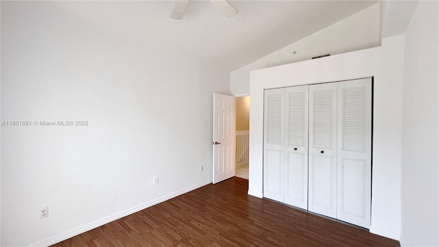 781 SW 148th Ave Unit 1513, Sunrise, FL 33325 - unfurnished bedroom featuring wood finished floors, lofted ceiling, baseboards, a closet, and a ceiling fan