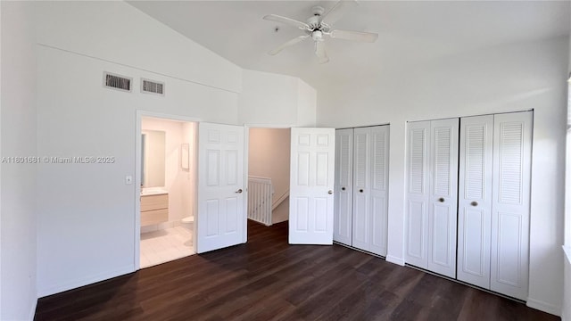 781 SW 148th Ave Unit 1513, Sunrise, FL 33325 - unfurnished bedroom featuring two closets, dark wood finished floors, high vaulted ceiling, baseboards, and ceiling fan