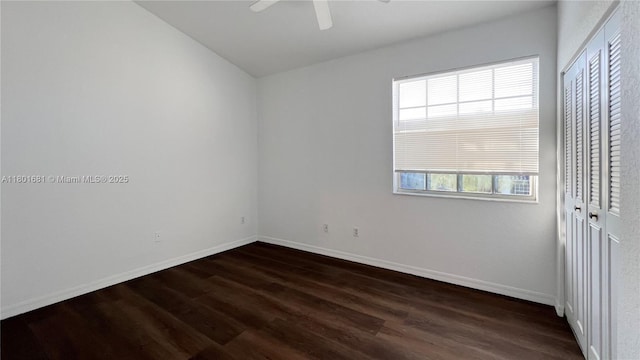 781 SW 148th Ave Unit 1513, Sunrise, FL 33325 - unfurnished bedroom featuring dark wood finished floors, baseboards, a closet, and ceiling fan