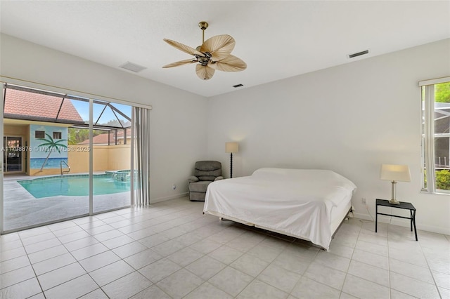 bedroom with access to outside, baseboards, light tile patterned floors, and ceiling fan