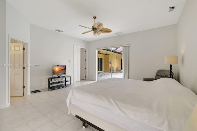 bedroom with ceiling fan, baseboards, access to exterior, and light tile patterned floors