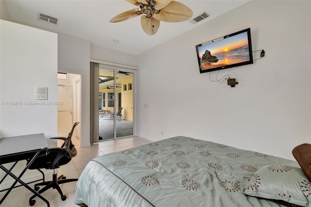 bedroom with access to outside, light tile patterned floors, and ceiling fan