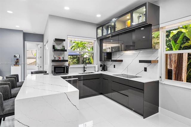 1496 Breakwater Ter, Hollywood, FL 33019 - kitchen featuring open shelves, modern cabinets, stainless steel appliances, a sink, and light stone counters
