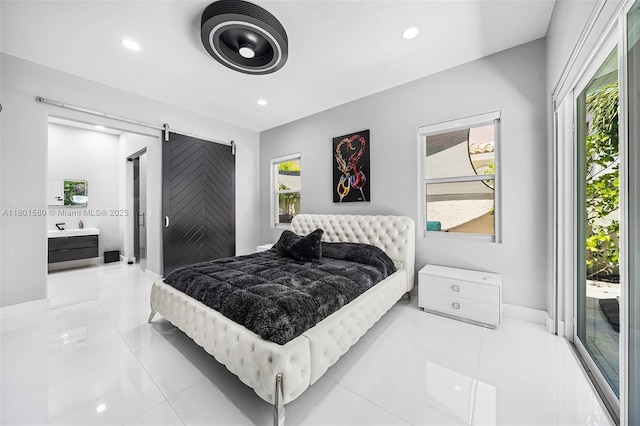 1496 Breakwater Ter, Hollywood, FL 33019 - bedroom featuring a barn door, light tile patterned floors, baseboards, recessed lighting, and access to outside
