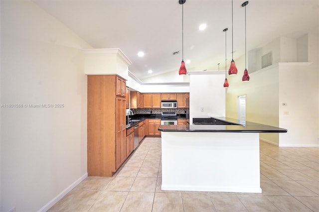 4940 Gateway Gardens Dr, Boynton Beach, FL 33436 - kitchen featuring appliances with stainless steel finishes, lofted ceiling, light tile patterned flooring, tasteful backsplash, and dark countertops