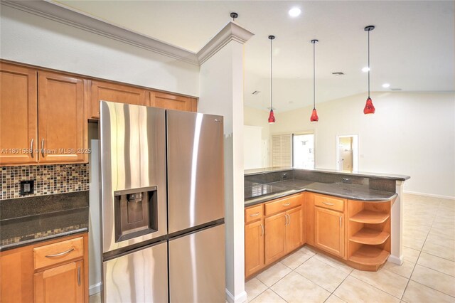 4940 Gateway Gardens Dr, Boynton Beach, FL 33436 - kitchen featuring stainless steel refrigerator with ice dispenser, light tile patterned floors, open shelves, backsplash, and dark stone counters