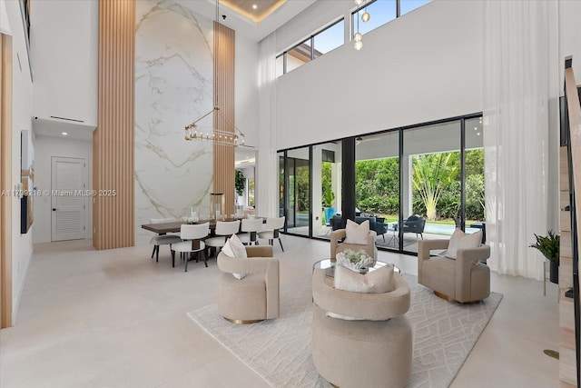 community lobby with a high ceiling