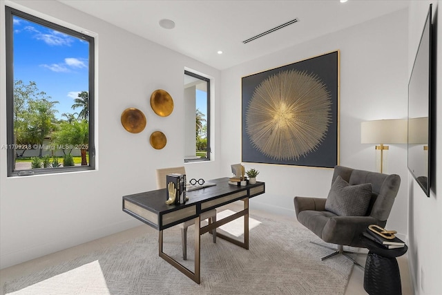 office space with recessed lighting and carpet floors