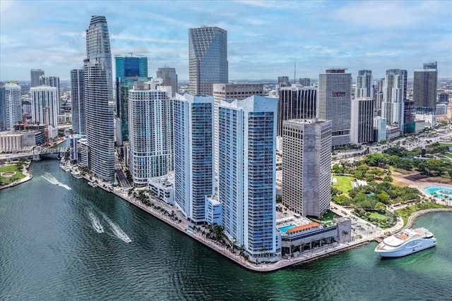 drone / aerial view of a view of skyline and a large body of water