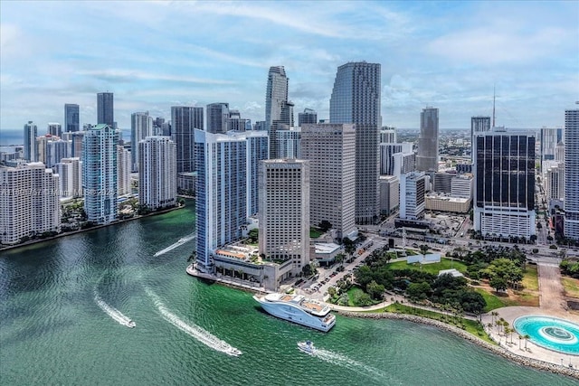 drone / aerial view of a view of skyline and a large body of water