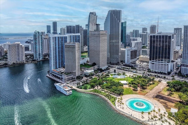 drone / aerial view of a large body of water and a view of skyline