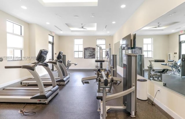 15400 SW 176th Ln, Miami, FL 33187 - exercise room featuring a ceiling fan, healthy amount of natural light, baseboards, recessed lighting, and a raised ceiling