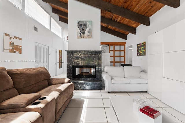 1032 NE 204th Ln Unit B, Miami, FL 33179 - living area featuring wooden ceiling, high vaulted ceiling, beamed ceiling, light tile patterned floors, and a premium fireplace