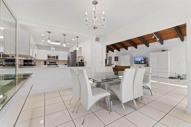 1032 NE 204th Ln Unit B, Miami, FL 33179 - dining area featuring a chandelier, light tile patterned floors, wood ceiling, and recessed lighting