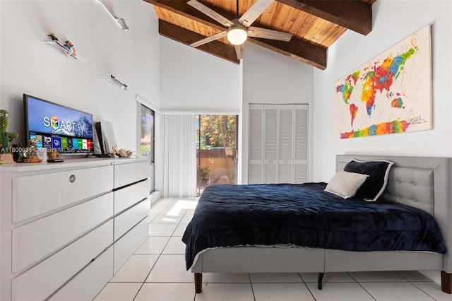 1032 NE 204th Ln Unit B, Miami, FL 33179 - bedroom featuring wood ceiling, beamed ceiling, light tile patterned flooring, high vaulted ceiling, and a ceiling fan