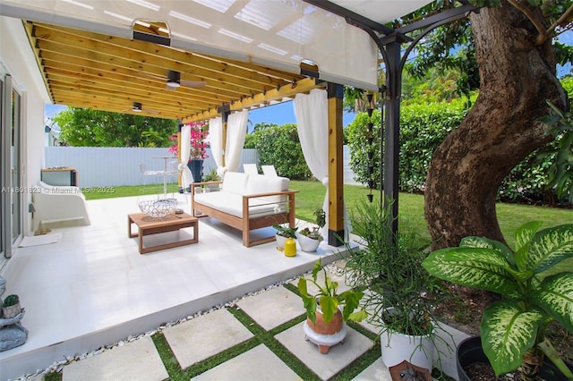 1187 NE 182nd St, North Miami Beach, FL 33162 - view of patio with fence, ceiling fan, an outdoor hangout area, and a pergola