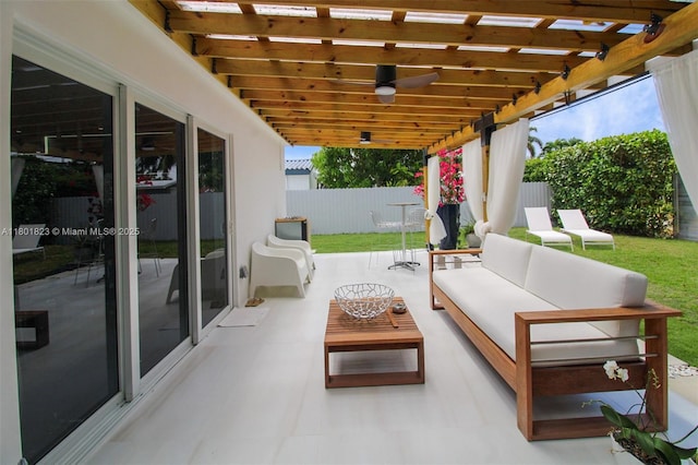 1187 NE 182nd St, North Miami Beach, FL 33162 - view of patio featuring fence, an outdoor living space, and a pergola