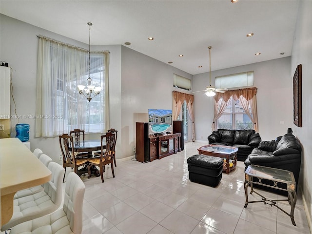 4985 NW 120th Ave, Coral Springs, FL 33076 - living room featuring light tile patterned floors, a chandelier, baseboards, recessed lighting, and ceiling fan